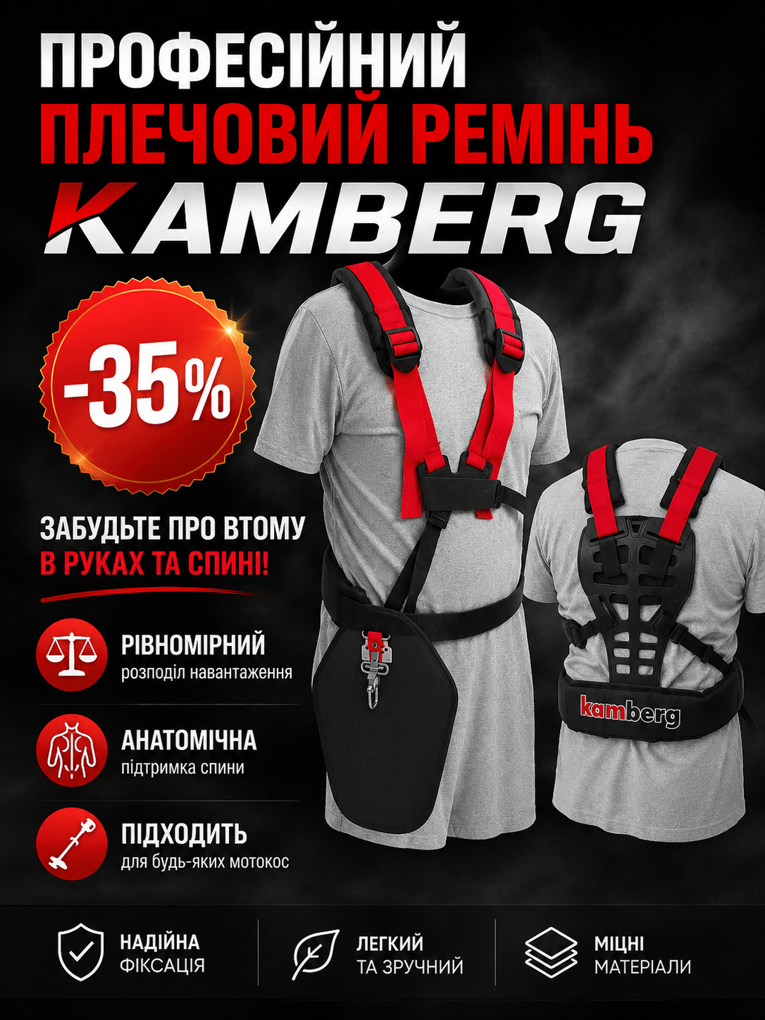 Професійний ремінь для мотокоси — вигляд спереду та ззаду